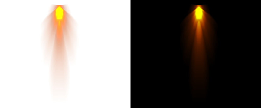 Glowing orange rocket fire trail, realistic jet engine flame exhaust on black and white backgrounds, powerful propulsion light effect