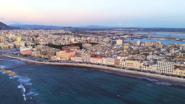 Panoramic aerial view of the coastal city of Trapani overlooking the Tyrrhenian Sea, Sicily, Italy