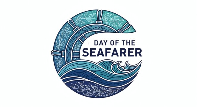 Day of the Seafarer Emblem with Stylized Ocean Waves and Wheel