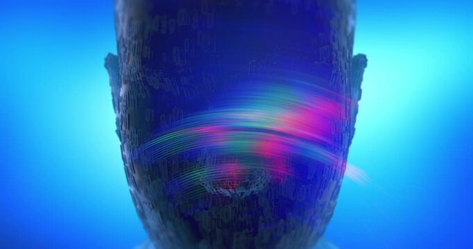 Abstract cloud computing background featuring holographic human head matrix design. Loopable Abstract Background Animation.