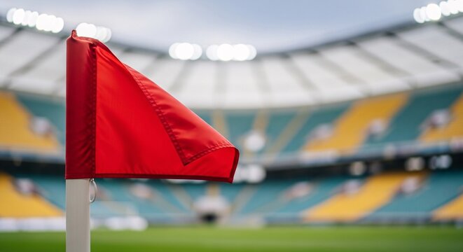 A red flag waving on a pole in a large sports stadium with green field and blurred yellow and blue seats under cloudy sky