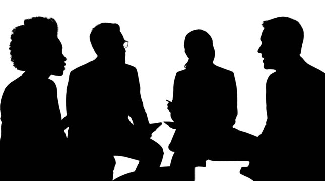 Four people sitting in a discussion circle isolated on transparent background, Vector