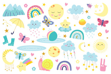 Fototapeta premium Cute collection of cartoon characters: sun, stars, clouds, rainbow, butterflies. Walking in rain. Weather conditions. Big set. Bright colors: yellow, pink, blue, green. Cheerful mood.