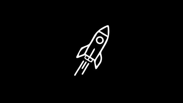 Animated Rocket Line Icon Flying Up on Black Background for Business Startup, Technology, and Finance Concept
