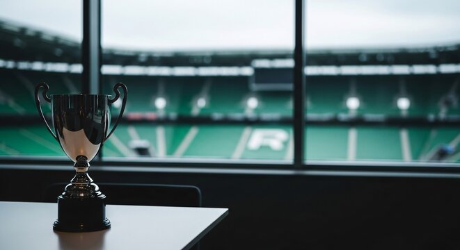 Trophy sits on table overlooking empty stadium with green field and white lines through large window