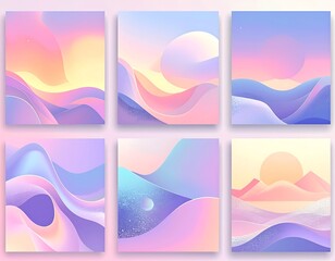 Obraz premium A collection of six dreamy, abstract landscape illustrations with pastel colors and smooth, flowing shapes