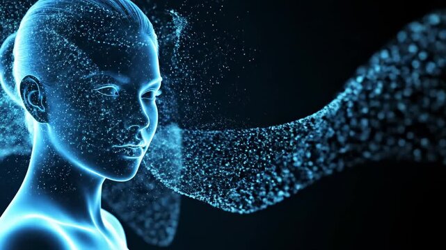 Expansive digital nebula swirls and dissipates around a luminous, translucent holographic human form with ethereal qualities, suggesting thought transference or information dispersal in a dark