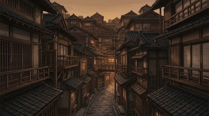 Obraz premium Traditional Japanese Village Street at Dusk – Ancient Culture