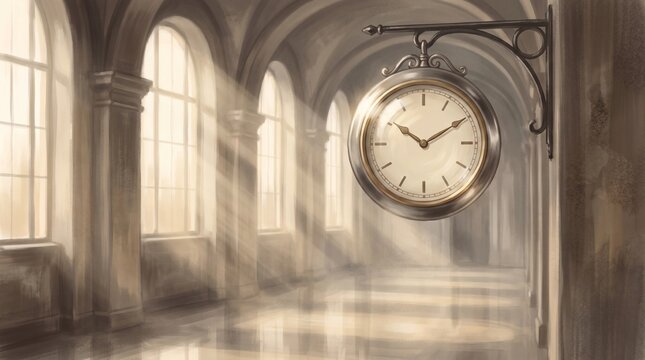 Vintage Station Clock in Sunlit Hallway &ndash; Architectural Detail