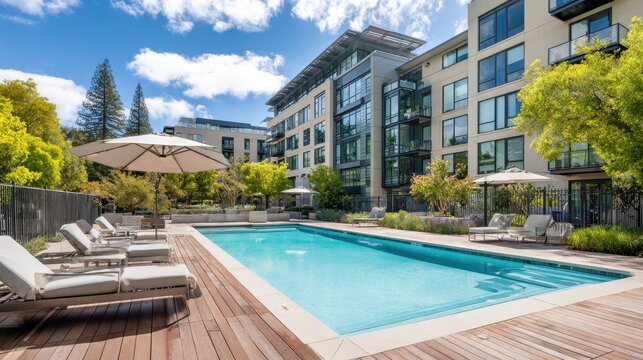 Californian apartment community pool under a clear sky with landscaping and calm water