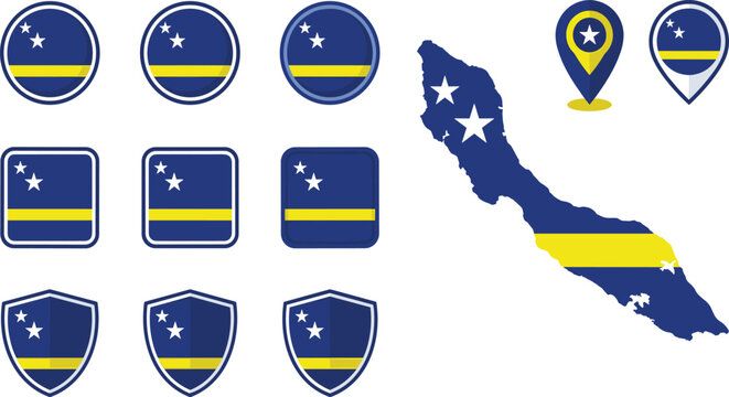 Curacao Flag and Map Vector Badge Set with Circle Square Shield Icons and Location Pin Pointers for Caribbean Territory Graphic Designs