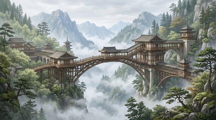 Fototapeta premium Ancient Bridge in Misty Mountains – Traditional Architecture