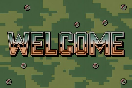 Pixel art welcome sign with retro 8-bit style background