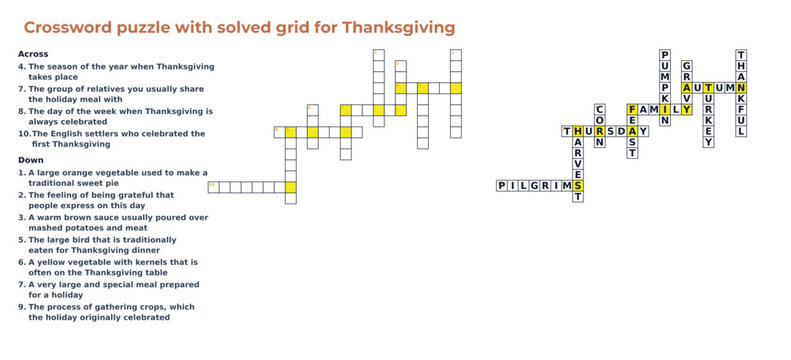 Crossword puzzle with solved grid for Thanksgiving holiday