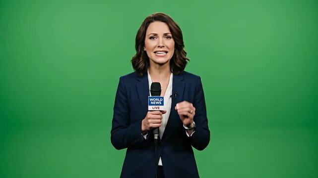 Woman speaks into microphone against green screen background