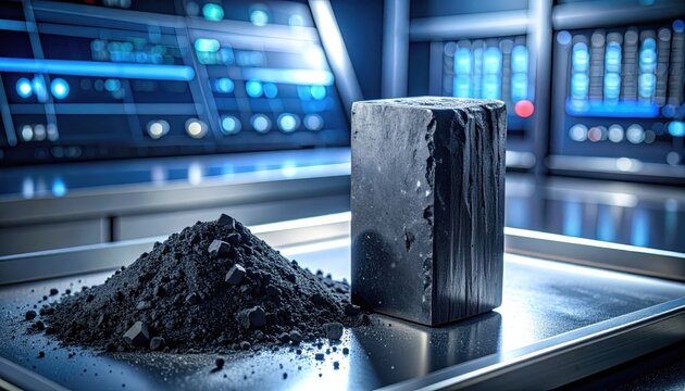 A solid block of dark gray graphite next to a pile of graphite powder in a modern laboratory setting with glowing blue screens in the background.