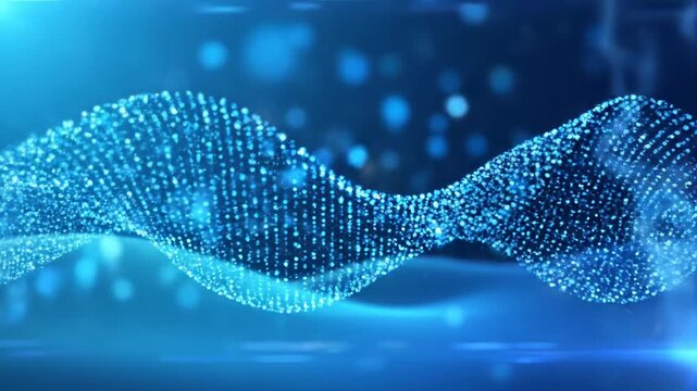 Intricate luminous blue particle wave shimmers across a deep digital expanse, conveying a sense of fluid, evolving data streams and interconnected technological advancement with ethereal bokeh