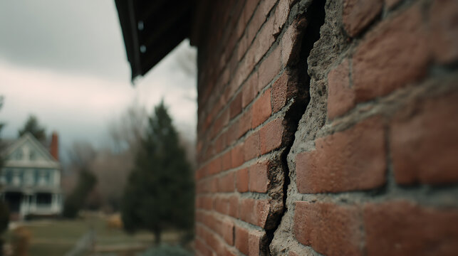 Severe Structural Damage: Extensive Crack in a Historic Red Brick Wall of a Building with a Blurred Home and Overcast Sky in the Background