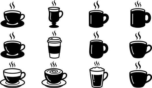 Hot coffee and espresso cup black glyph icon set containing takeaway mugs latte art cappuccino glass and steam symbols isolated on white background