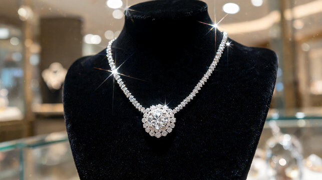 Exquisite luxury diamond necklace shimmering with brilliance on a black velvet display stand, featuring high-end craftsmanship and rare precious gemstones for an elegant jewelry fashion collection.
