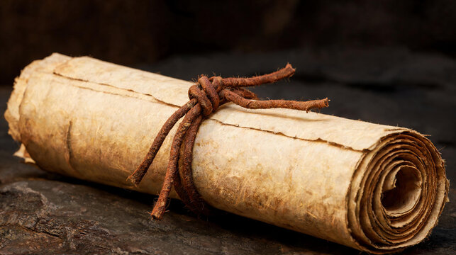 Close-up of a weathered roll of ancient parchment with tattered edges and aged texture, evoking a sense of history, mystery, and forgotten secrets from a bygone era of scribes and scholars.