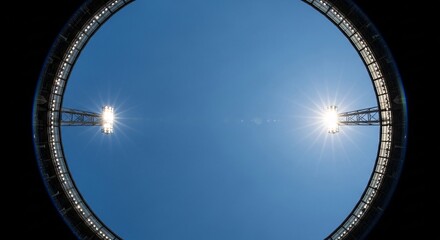 Naklejka premium Football stadium installation with rose gold details under bright lights at night.