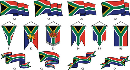 Obraz premium South Africa Flag Vector Set with Waving Banners Hanging Pennants Lion and Crown Emblems and Decorative Ribbons for Heritage Day Graphic Designs