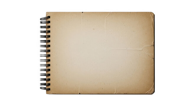 Old vintage spiral notebook with aged paper texture isolated on transparent background