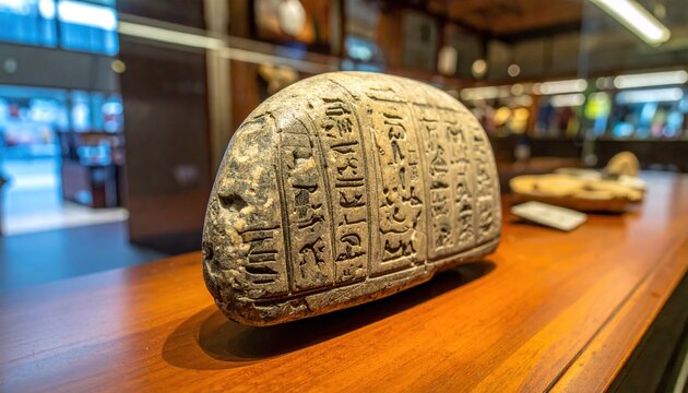 Detailed replica of the Rosetta Stone featuring ancient Egyptian hieroglyphs and inscriptions on a textured stone surface
