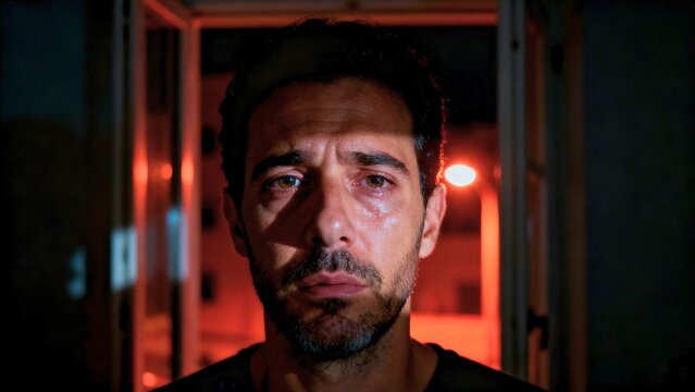 Indoor heat stress and urban apartment living concept with uncomfortable Spanish man in midnight heatwave portrait.