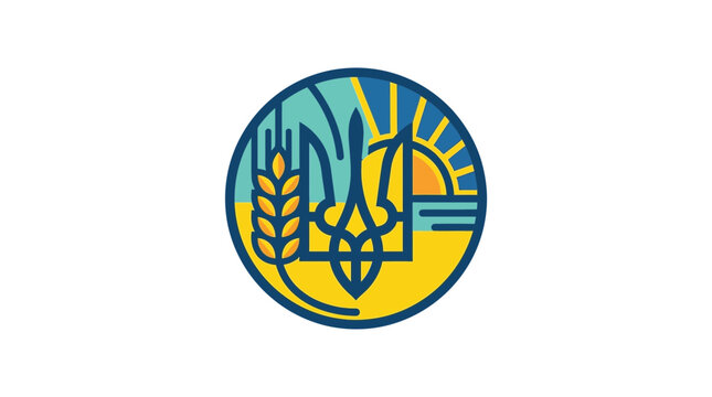 Circular emblem featuring the Ukrainian Tryzub symbol with wheat and sun elements.