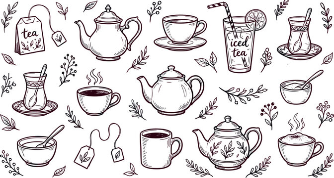 Tea time doodle vector illustration seamless pattern collection featuring teapots cups bags iced tea and herbal leaves isolated on white background