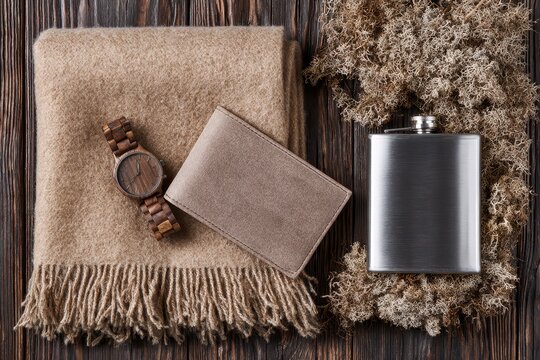 Rustic flat lay of men's accessories including a wooden watch, wallet, flask, and cozy blanket on a wooden background.