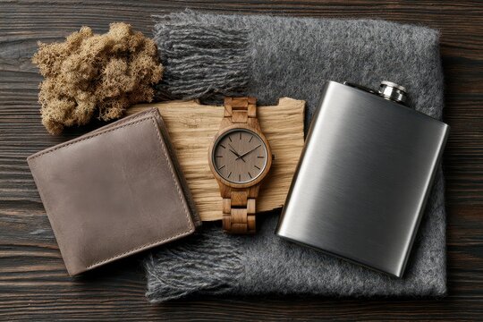 Flat lay of men's accessories including a leather wallet, wooden watch, and metal flask on a textured background.