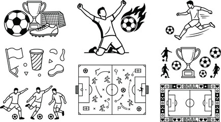 Soccer players silhouettes and football design elements featuring fire flames splashing liquid effects and digital game timers.eps, Soccer players and football equipment illustrations set featuring  © Yousuf