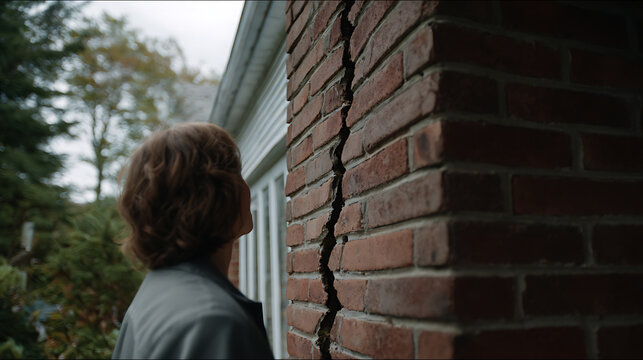 Woman Observes Serious Structural Damage on Brick Home Exterior, a Large Crack Extends Upward, Suggesting Foundation or Wall Issues