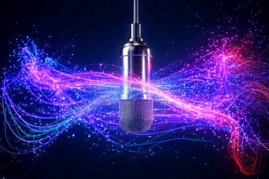 Micr&oacute;fono de condensador vintage suspendido con ondas de luz de ne&oacute;n azul y rosa que simulan frecuencias de audio abstractas. Concepto de podcasting, m&uacute;sica y sonido.
