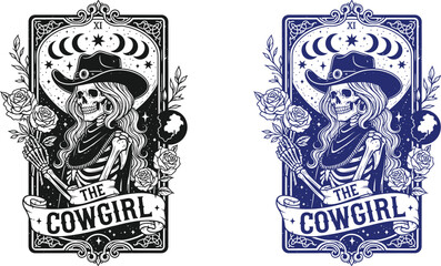 Fototapeta premium Funny skeleton halloween tarot card cowgirl skeleton illustration for spooky occult designs