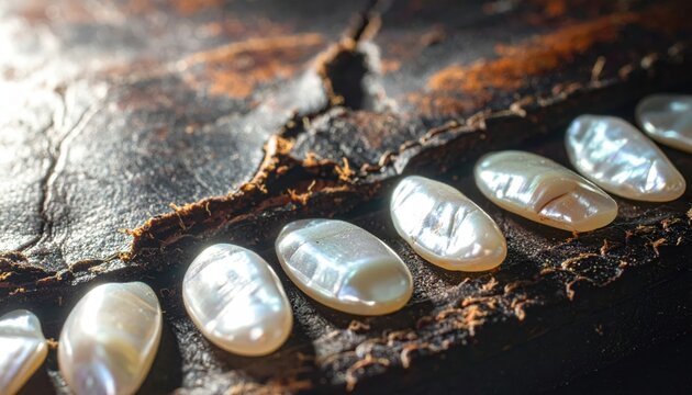 Gleaming mother of pearl pieces with organic, irregular shapes arrayed on a dark, textured surface, showcasing natural beauty and luster.
