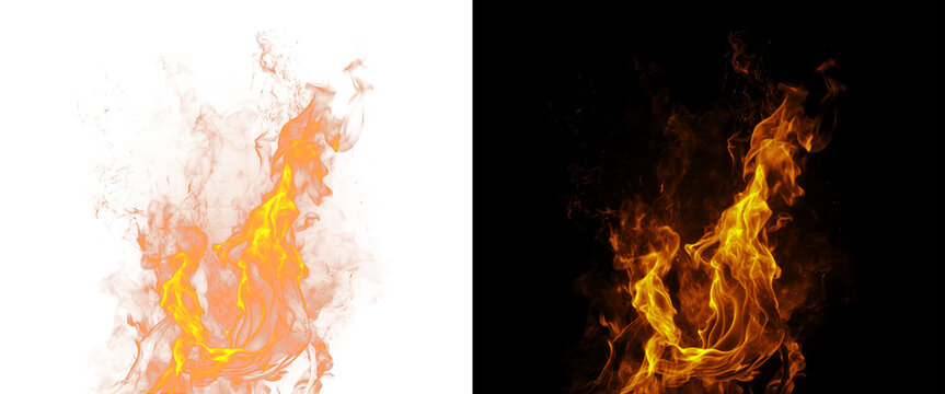 Dynamic fire flames isolated on black and white backgrounds, realistic orange fire sparks and smoke, blazing heat element for design compositing