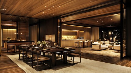 Fototapeta premium Luxury modern openplan dining and living room interior with warm wooden paneling and ambient lighting at night