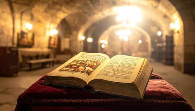 Open Medieval Codex with Illuminated Latin Script and Vibrant Miniatures in an Ancient Stone Library