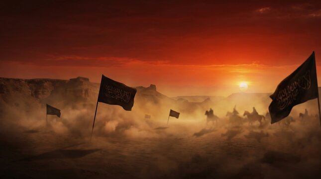 dramatic Karbala battlefield background with deep red sky, black flags waving, desert dust, glowing sunset, emotional Muharram mood, cinematic composition, ultra realistic, high detail, composition va