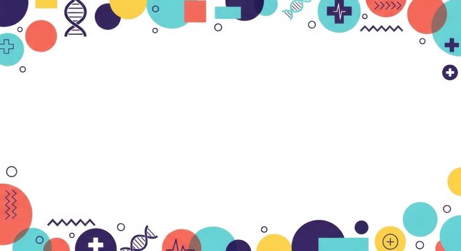 Abstract medical background with colorful geometric shapes and dna spirals on white space.