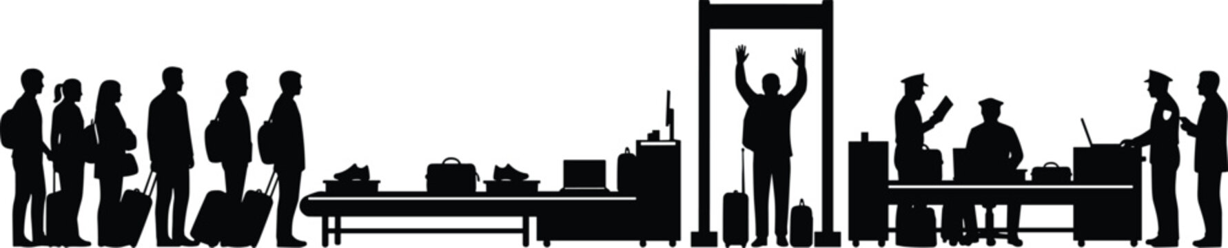Silhouettes of airport security checkpoint line with passengers, vector illustration travelers passing baggage scanner control, customs gate inspection queue