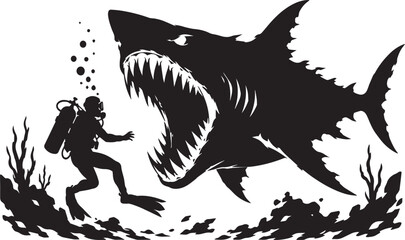 Scuba Diver Facing a Giant Great White Shark Silhouette, Dramatic Underwater Adventure Scene Vector Illustration for Ocean Conservation, Marine Predator Attack Concept, Extreme Sports. © Sadek