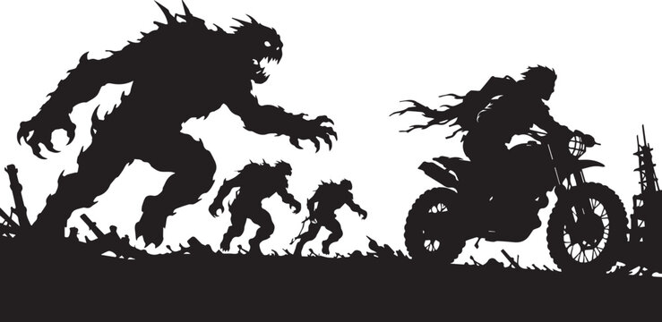 Epic Post-Apocalyptic Chase Scene Vector with Silhouette of a Motorcycle Rider Fleeing from Huge Scary Mutants and Beast Monsters, Ideal for Dark Adventure and Sci-Fi Themes