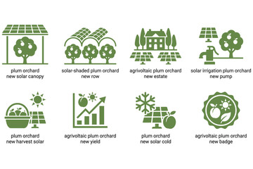 Fototapeta premium Agrivoltaic plum orchard icon set, sustainable solar energy farming symbols, 8 green agricultural technology vector elements for renewable fruit production