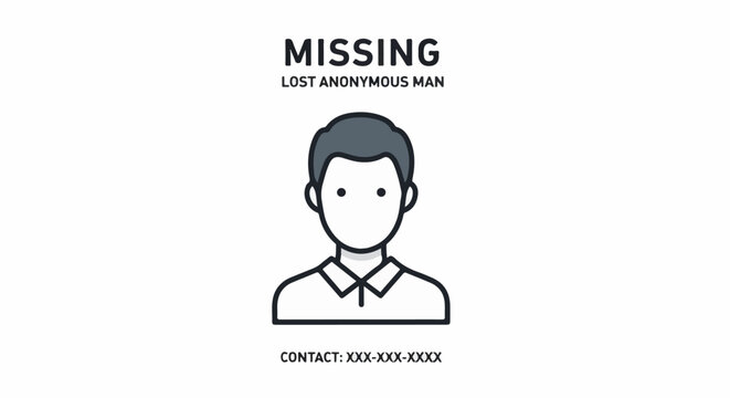 Stylized illustration of a missing person with "MISSING" and contact info