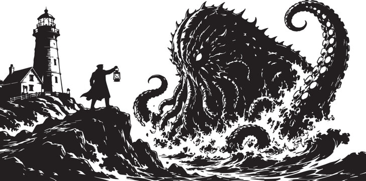Dramatic Vector Illustration of a Giant Kraken Sea Monster Rising from the Ocean Waves Near a Lighthouse with a Brave Man Holding a Lantern on a Rocky Cliffside during a Storm.